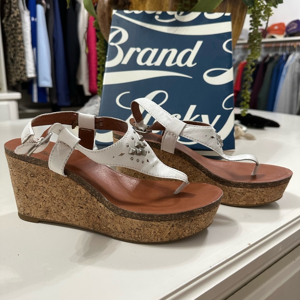 Lucky Brand White Women's Cork Wedge Sandals